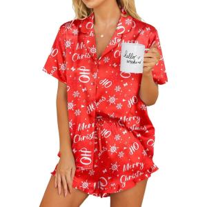 Ekouaer Womens Satin Pajamas Set Button Down 2 Piece Silk Pjs Shorts Set Ruffle Lingerie Notch Collar Sleepwear(Z-christmas Red)