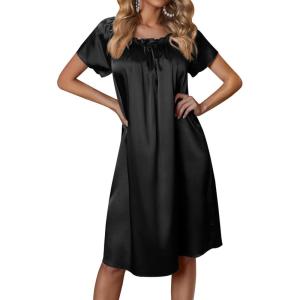 Ekouaer Women’s Satin Silk Pleated Nightgown Loose Sleepwear Printed Nightshirt Short Sleeve Sleep Dress(Black)