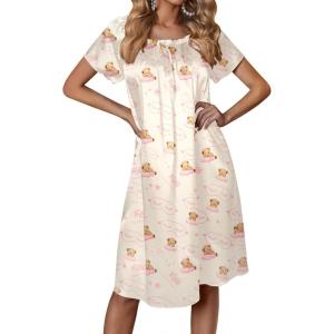Ekouaer Women’s Satin Silk Pleated Nightgown Loose Sleepwear Printed Nightshirt Short Sleeve Sleep Dress(Champagne Teddy)