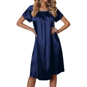 Ekouaer Women’s Satin Silk Pleated Nightgown Loose Sleepwear Printed Nightshirt Short Sleeve Sleep Dress(Navy Blue)