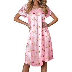 Ekouaer Women’s Satin Silk Pleated Nightgown Loose Sleepwear Printed Nightshirt Short Sleeve Sleep Dress(Pink Teddy)