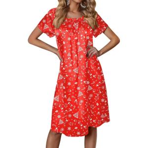 Ekouaer Women’s Satin Silk Pleated Nightgown Loose Sleepwear Printed Nightshirt Short Sleeve Sleep Dress(Red Christmas Tree)
