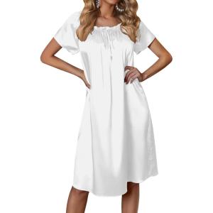 Ekouaer Women’s Satin Silk Pleated Nightgown Loose Sleepwear Printed Nightshirt Short Sleeve Sleep Dress(White)