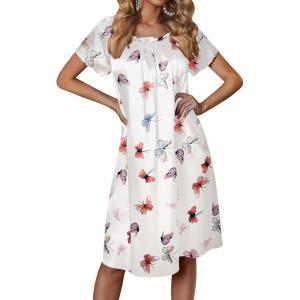 Ekouaer Women’s Satin Silk Pleated Nightgown Loose Sleepwear Printed Nightshirt Short Sleeve Sleep Dress(White Butterfly)
