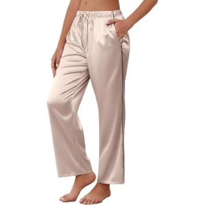 Ekouaer Womens Silk Satin Pajama Pants Soft Comfy Loose Pj Pants Drawstring Elastic Waist Wide Leg Lounge Bottom with Pockets(Champagne)