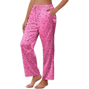 Ekouaer Womens Silk Satin Pajama Pants Soft Comfy Loose Pj Pants Drawstring Elastic Waist Wide Leg Lounge Bottom with Pockets(Hot Pink Leopard)