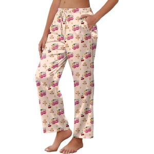 Ekouaer Womens Silk Satin Pajama Pants Soft Comfy Loose Pj Pants Drawstring Elastic Waist Wide Leg Lounge Bottom with Pockets(Khaki Cherry Teddy)
