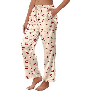 Ekouaer Womens Silk Satin Pajama Pants Soft Comfy Loose Pj Pants Drawstring Elastic Waist Wide Leg Lounge Bottom with Pockets(Khaki Teddy)