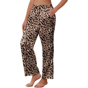 Ekouaer Womens Silk Satin Pajama Pants Soft Comfy Loose Pj Pants Drawstring Elastic Waist Wide Leg Lounge Bottom with Pockets(Leopard)