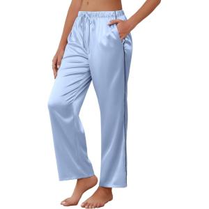Ekouaer Womens Silk Satin Pajama Pants Soft Comfy Loose Pj Pants Drawstring Elastic Waist Wide Leg Lounge Bottom with Pockets(Light Blue)