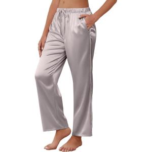 Ekouaer Womens Silk Satin Pajama Pants Soft Comfy Loose Pj Pants Drawstring Elastic Waist Wide Leg Lounge Bottom with Pockets(Light Gray)