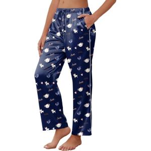 Ekouaer Womens Silk Satin Pajama Pants Soft Comfy Loose Pj Pants Drawstring Elastic Waist Wide Leg Lounge Bottom with Pockets(Navy Blue Teddy)