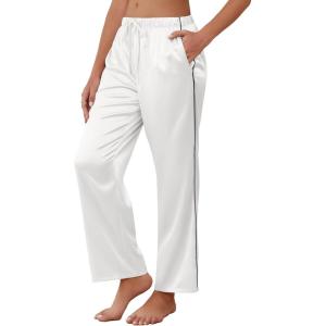 Ekouaer Womens Silk Satin Pajama Pants Soft Comfy Loose Pj Pants Drawstring Elastic Waist Wide Leg Lounge Bottom with Pockets(White)