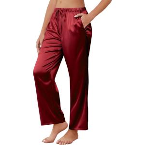 Ekouaer Womens Silk Satin Pajama Pants Soft Comfy Loose Pj Pants Drawstring Elastic Waist Wide Leg Lounge Bottom with Pockets(Wine Red)