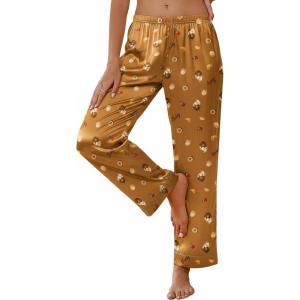Ekouaer Womens Silk Satin Pajama Pants Soft Loose Lounge Pants Lightweight Elastic Waist Wide Leg Pj Bottoms with Pockets(Brown Dessert Teddy)
