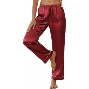 Ekouaer Womens Silk Satin Pajama Pants Soft Loose Lounge Pants Lightweight Elastic Waist Wide Leg Pj Bottoms with Pockets(Burgundy)