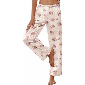 Ekouaer Womens Silk Satin Pajama Pants Soft Loose Lounge Pants Lightweight Elastic Waist Wide Leg Pj Bottoms with Pockets(Champagne Love Teddy)
