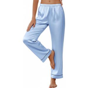 Ekouaer Womens Silk Satin Pajama Pants Soft Loose Lounge Pants Lightweight Elastic Waist Wide Leg Pj Bottoms with Pockets(Light Blue)