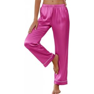 Ekouaer Womens Silk Satin Pajama Pants Soft Loose Lounge Pants Lightweight Elastic Waist Wide Leg Pj Bottoms with Pockets(Rose)