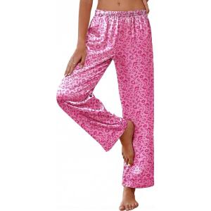 Ekouaer Womens Silk Satin Pajama Pants Soft Loose Lounge Pants Lightweight Elastic Waist Wide Leg Pj Bottoms with Pockets(Rose Leopard)