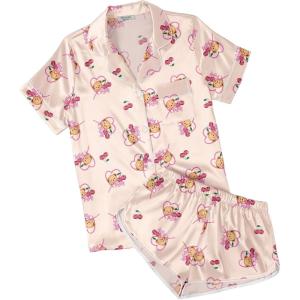 Ekouaer Womens Silk Satin Pajamas Short Sleeve PJS Shorts Set Soft Button Down Sleepwear 2 Piece Loungewear S-5XL(Beige Teddy Bear)