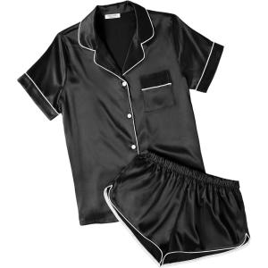 Ekouaer Womens Silk Satin Pajamas Short Sleeve PJS Shorts Set Soft Button Down Sleepwear 2 Piece Loungewear S-5XL(Black)