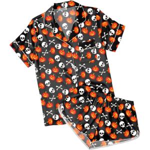 Ekouaer Womens Silk Satin Pajamas Short Sleeve PJS Shorts Set Soft Button Down Sleepwear 2 Piece Loungewear S-5XL(Black Halloween Print)