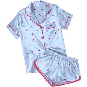 Ekouaer Womens Silk Satin Pajamas Short Sleeve PJS Shorts Set Soft Button Down Sleepwear 2 Piece Loungewear S-5XL(Blue Cherry Print)