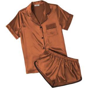 Ekouaer Womens Silk Satin Pajamas Short Sleeve PJS Shorts Set Soft Button Down Sleepwear 2 Piece Loungewear S-5XL(Caramel)