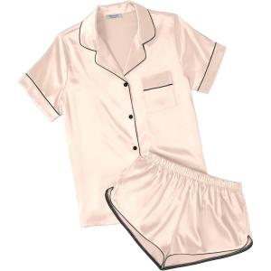 Ekouaer Womens Silk Satin Pajamas Short Sleeve PJS Shorts Set Soft Button Down Sleepwear 2 Piece Loungewear S-5XL(Champagne)