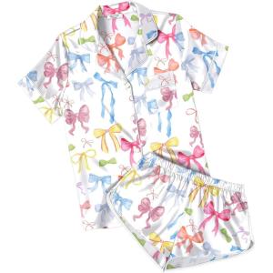 Ekouaer Womens Silk Satin Pajamas Short Sleeve PJS Shorts Set Soft Button Down Sleepwear 2 Piece Loungewear S-5XL(Colorful Bow Print)
