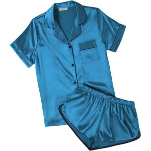 Ekouaer Womens Silk Satin Pajamas Short Sleeve PJS Shorts Set Soft Button Down Sleepwear 2 Piece Loungewear S-5XL(Dark Blue)