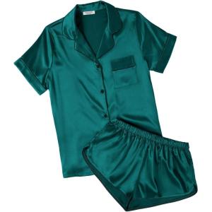 Ekouaer Womens Silk Satin Pajamas Short Sleeve PJS Shorts Set Soft Button Down Sleepwear 2 Piece Loungewear S-5XL(Dark Green)