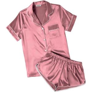 Ekouaer Womens Silk Satin Pajamas Short Sleeve PJS Shorts Set Soft Button Down Sleepwear 2 Piece Loungewear S-5XL(Dusty Rose)