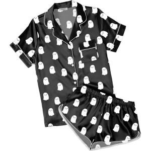 Ekouaer Womens Silk Satin Pajamas Short Sleeve PJS Shorts Set Soft Button Down Sleepwear 2 Piece Loungewear S-5XL(Halloween Ghost Print)