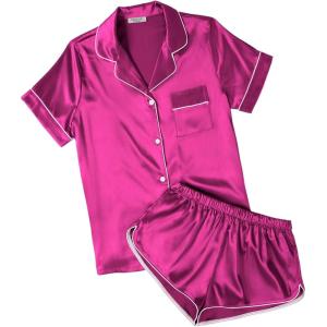 Ekouaer Womens Silk Satin Pajamas Short Sleeve PJS Shorts Set Soft Button Down Sleepwear 2 Piece Loungewear S-5XL(Hot Pink)