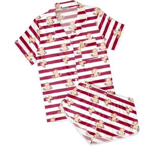 Ekouaer Womens Silk Satin Pajamas Short Sleeve PJS Shorts Set Soft Button Down Sleepwear 2 Piece Loungewear S-5XL(Khaki Red Striped Teddy Bear)