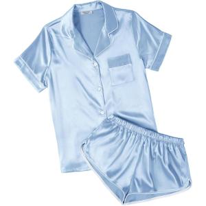 Ekouaer Womens Silk Satin Pajamas Short Sleeve PJS Shorts Set Soft Button Down Sleepwear 2 Piece Loungewear S-5XL(Light Blue)