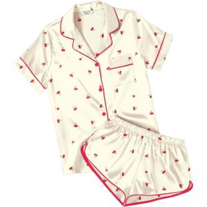 Ekouaer Womens Silk Satin Pajamas Short Sleeve PJS Shorts Set Soft Button Down Sleepwear 2 Piece Loungewear S-5XL(Light Yellow Cherry Print)