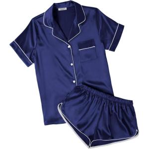 Ekouaer Womens Silk Satin Pajamas Short Sleeve PJS Shorts Set Soft Button Down Sleepwear 2 Piece Loungewear S-5XL(Navy Blue)