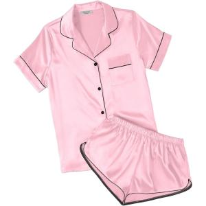 Ekouaer Womens Silk Satin Pajamas Short Sleeve PJS Shorts Set Soft Button Down Sleepwear 2 Piece Loungewear S-5XL(Pink)