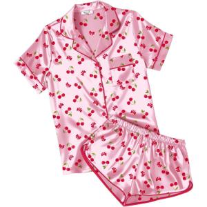Ekouaer Womens Silk Satin Pajamas Short Sleeve PJS Shorts Set Soft Button Down Sleepwear 2 Piece Loungewear S-5XL(Pink Cherry Print)