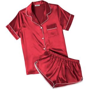Ekouaer Womens Silk Satin Pajamas Short Sleeve PJS Shorts Set Soft Button Down Sleepwear 2 Piece Loungewear S-5XL(Red)