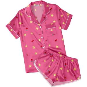 Ekouaer Womens Silk Satin Pajamas Short Sleeve PJS Shorts Set Soft Button Down Sleepwear 2 Piece Loungewear S-5XL(Rose Pink Teddy Bear)