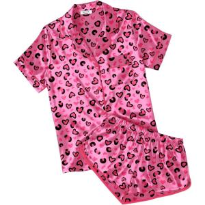 Ekouaer Womens Silk Satin Pajamas Short Sleeve PJS Shorts Set Soft Button Down Sleepwear 2 Piece Loungewear S-5XL(Rose Red Heart Leopard Print)