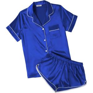 Ekouaer Womens Silk Satin Pajamas Short Sleeve PJS Shorts Set Soft Button Down Sleepwear 2 Piece Loungewear S-5XL(Sky Blue)