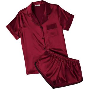 Ekouaer Womens Silk Satin Pajamas Short Sleeve PJS Shorts Set Soft Button Down Sleepwear 2 Piece Loungewear S-5XL(Wine Red)