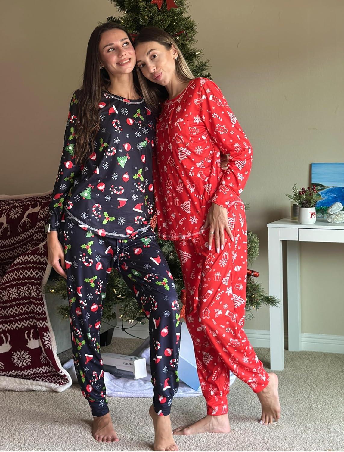 imageEkouaer 2 Pack Womens Pajama Sets Long Sleeve Lounge Sets Soft Pj Sleepwear LoungewearAred ChirstmasBlack Chirstmas