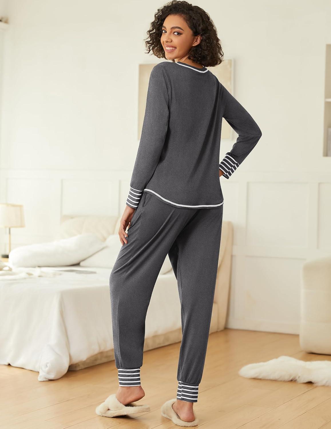 imageEkouaer 2 Pack Womens Pajama Sets Long Sleeve Lounge Sets Soft Pj Sleepwear LoungewearBlack Black Stripe