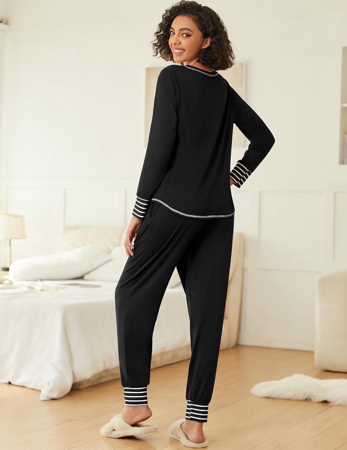 imageEkouaer 2 Pack Womens Pajama Sets Long Sleeve Lounge Sets Soft Pj Sleepwear LoungewearBlackLeopard